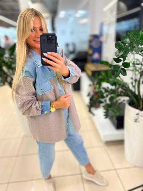 Koszula Jodełka Wstawki Jeans