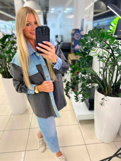 Koszula Jodełka Wstawki Jeans