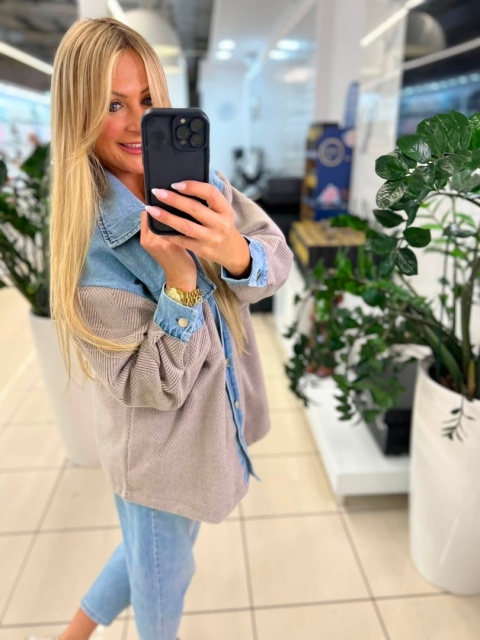 Koszula Jodełka Wstawki Jeans